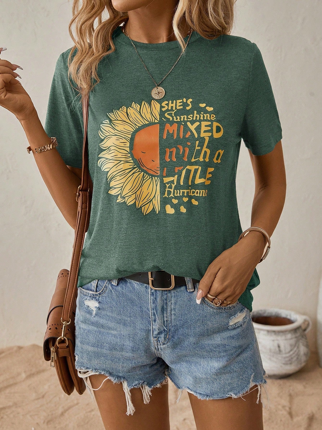 Dam T-shirt Avslappnad Stil 100% Bomull med Grafiska Solrosor-1