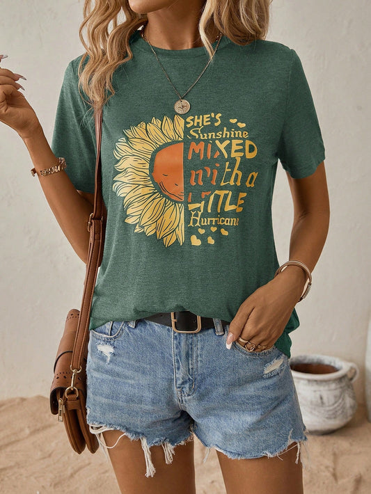 Dam T-shirt Avslappnad Stil 100% Bomull med Grafiska Solrosor-1