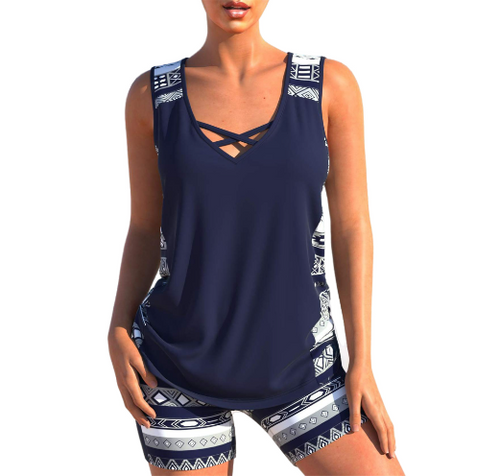 Dam Tankini-set Geometrisk V-hals Polyester Elastan 6