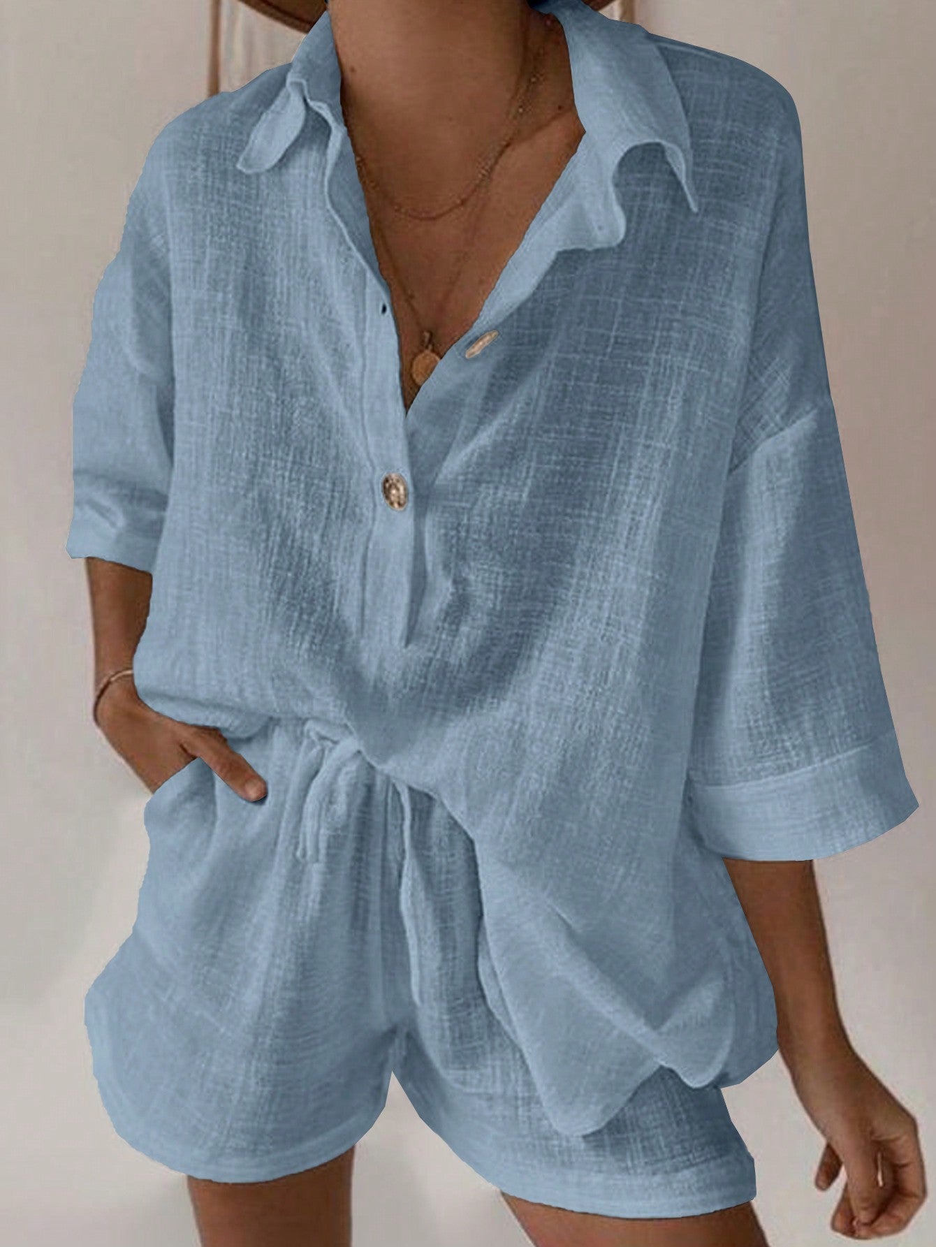 Variant image for Kvinnors 2-delad Uppsättning Avslappnad Linneblandning-36