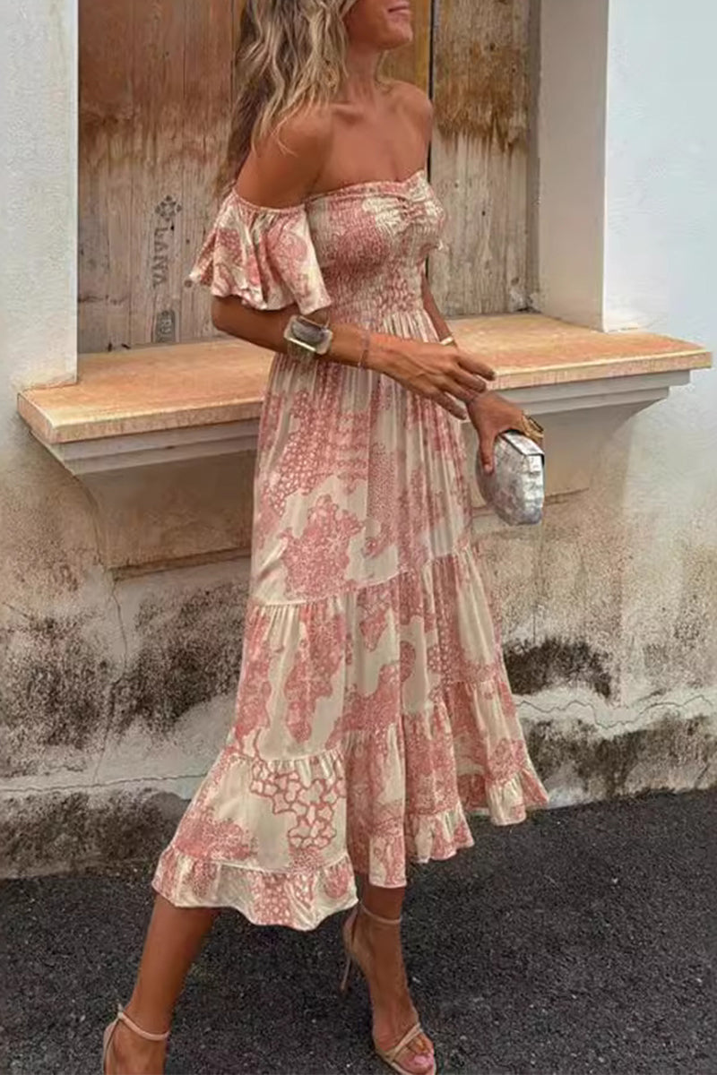 Kvinnors Off-Shoulder Klänning Tyll Blommönster-4