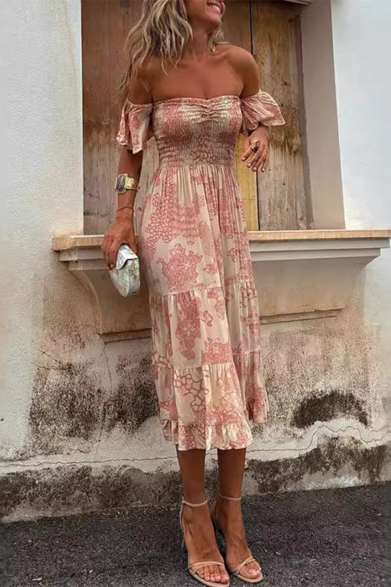 Kvinnors Off-Shoulder Klänning Tyll Blommönster-1