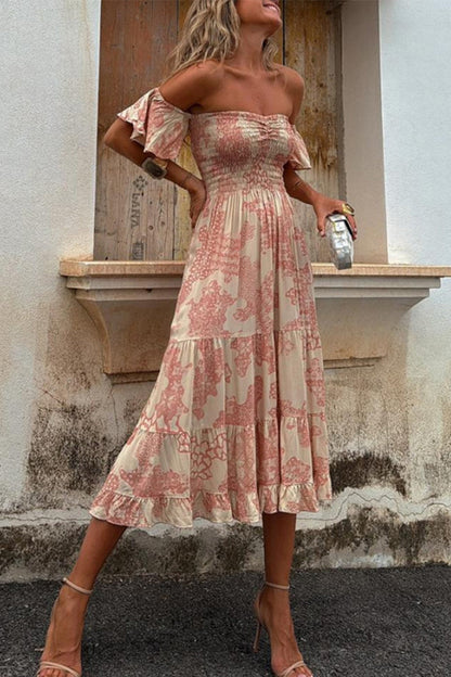 Kvinnors Off-Shoulder Klänning Tyll Blommönster-3