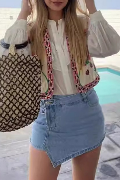 Dam Väst Broderat Blommönster i 100% Bomull-3