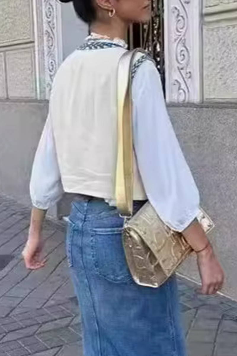 Dam Väst Broderat Blommönster i 100% Bomull-4