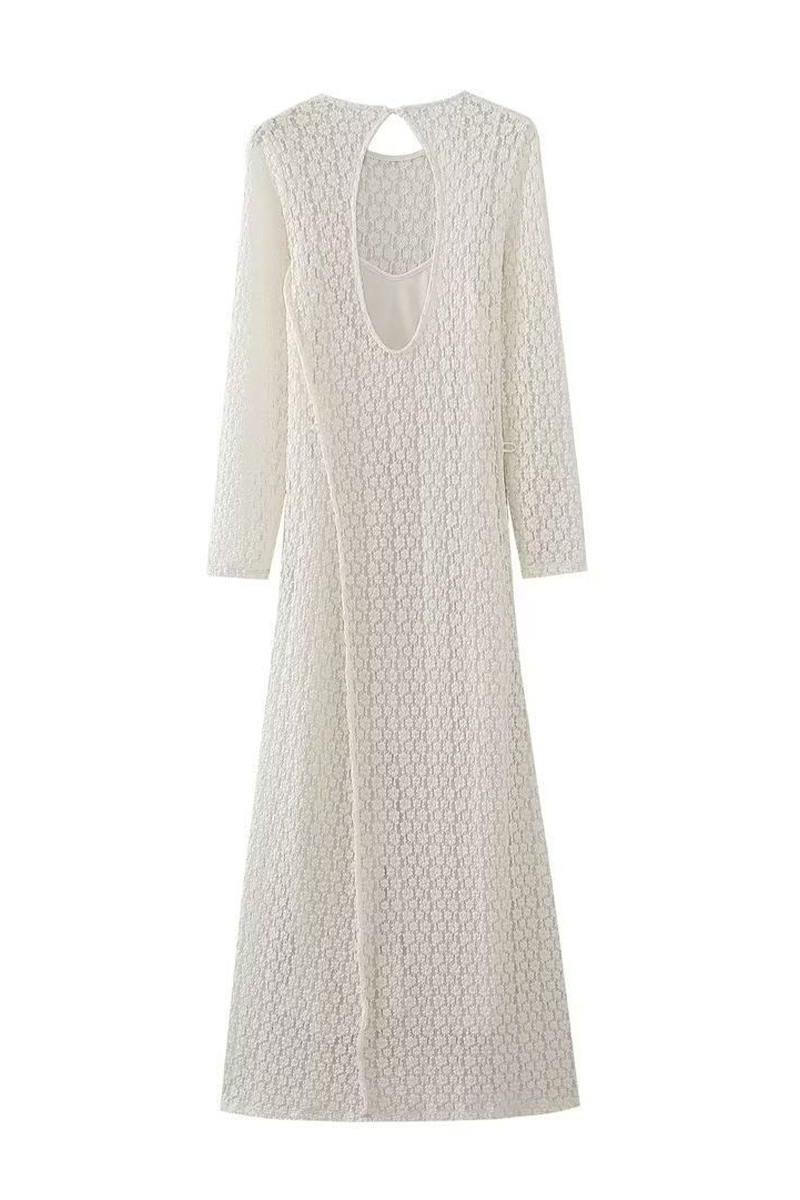 Kvinnors Långärmad Klänning Ihålig O-hals Polyester-6