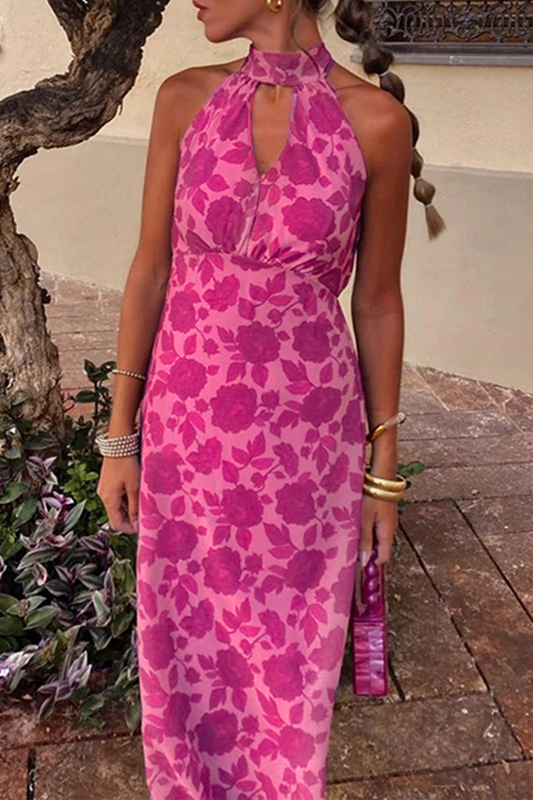 Kvinnors Halterneck Klänning Blommönster Polyester Ryggfri Design-1