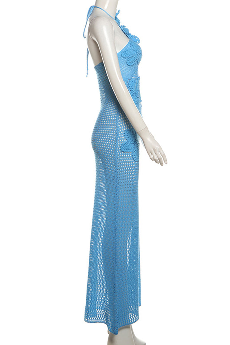 Kvinnors Lång Klänning Blommig Backless Högkvalitativt Tyg-4