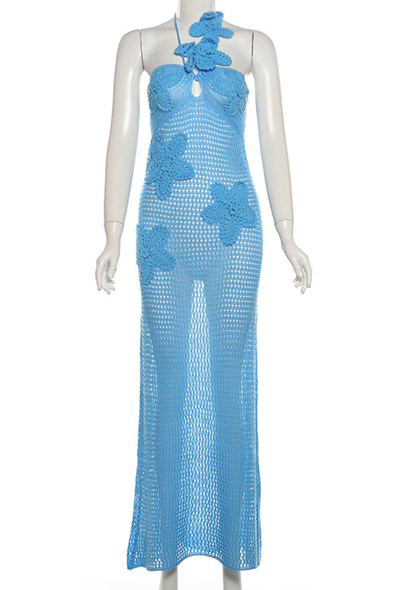 Kvinnors Lång Klänning Blommig Backless Högkvalitativt Tyg-3