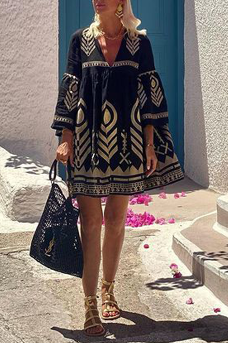 Kvinnors A-linjeklänning Geometrisk Tryck V-hals Polyester-3