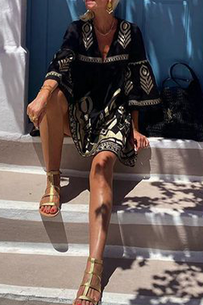 Kvinnors A-linjeklänning Geometrisk Tryck V-hals Polyester-4