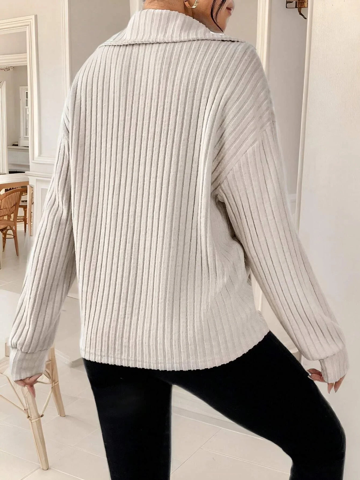 Damen-gerippter Pullover, Viertelzip, weicher Stoff-2