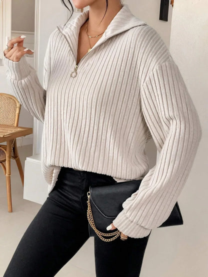 Damen-gerippter Pullover, Viertelzip, weicher Stoff-3