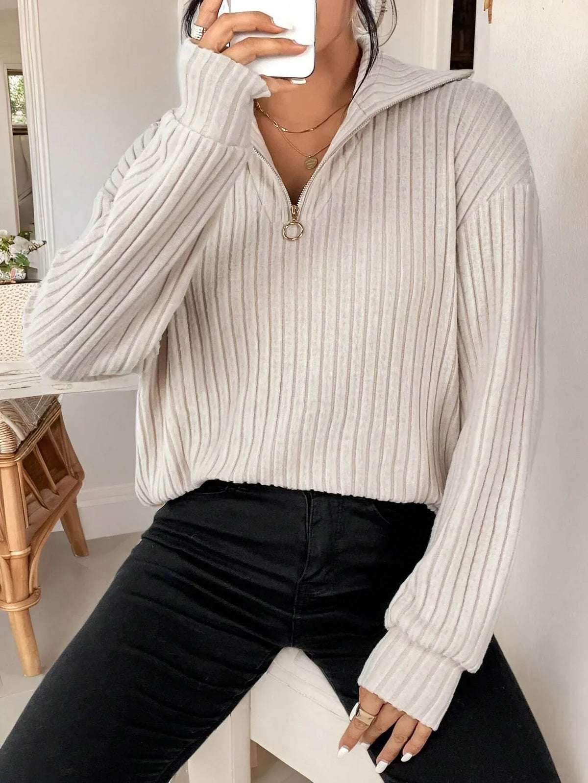 Damen-gerippter Pullover, Viertelzip, weicher Stoff-4