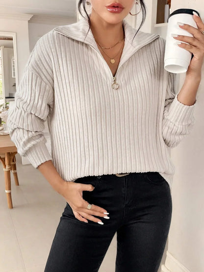 Damen-gerippter Pullover, Viertelzip, weicher Stoff-5
