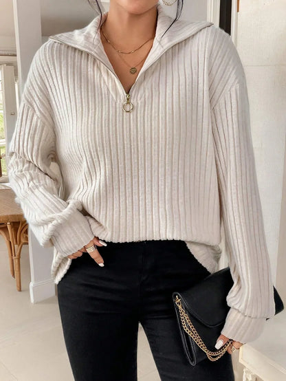Damen-gerippter Pullover, Viertelzip, weicher Stoff-6