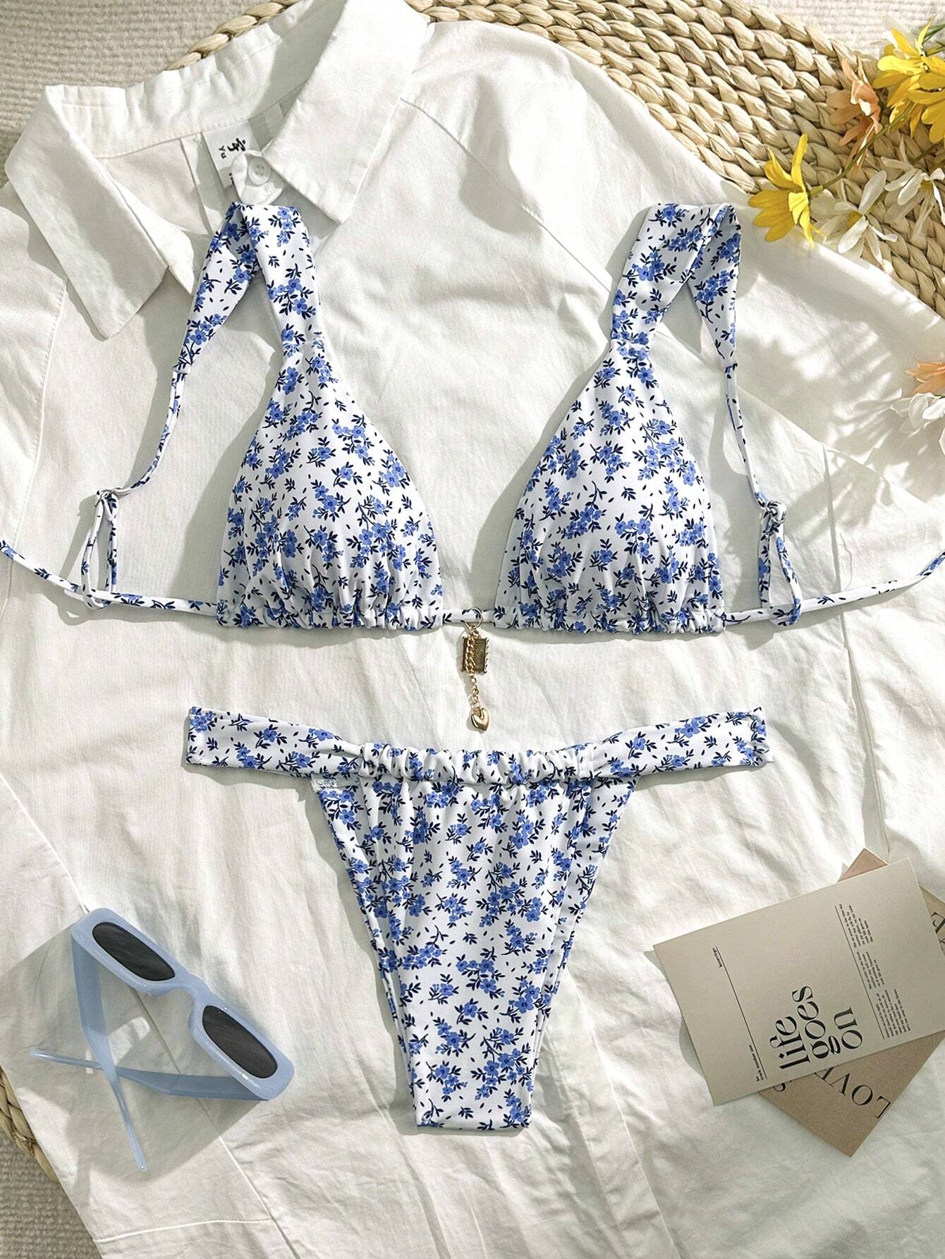 Dam Bikini Set Triangel Blommönster Högkvalitativt Tyg-1
