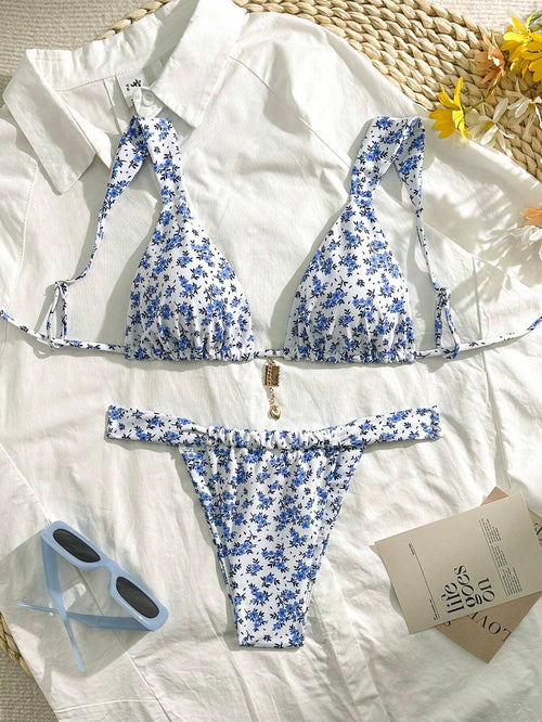 Dam Bikini Set Triangel Blommönster Högkvalitativt Tyg-1