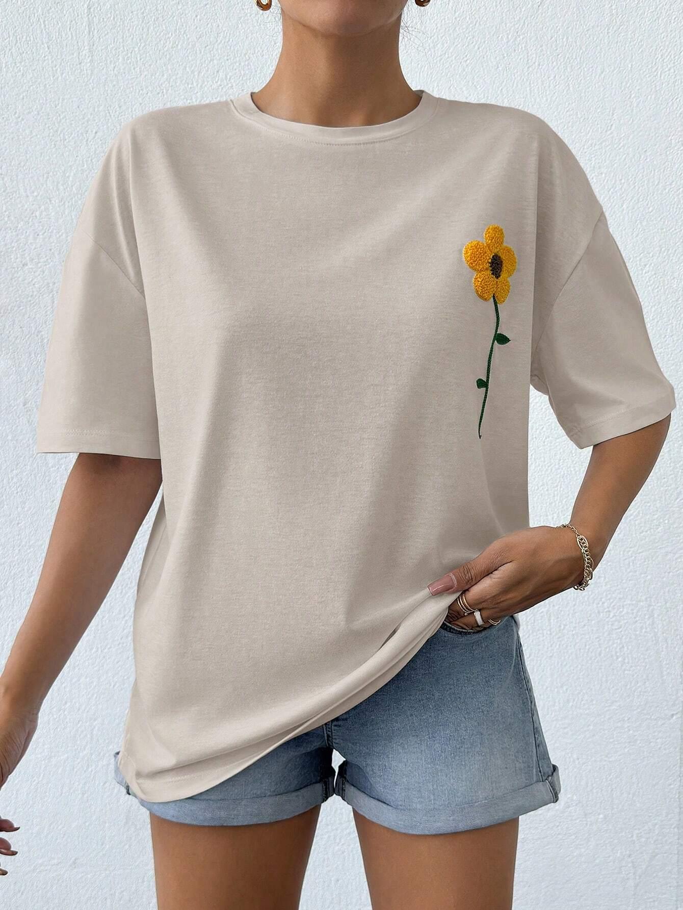 Dam T-shirt med Broderade Blommor i Bomull – Casual Passform och Andningsbart Material 4