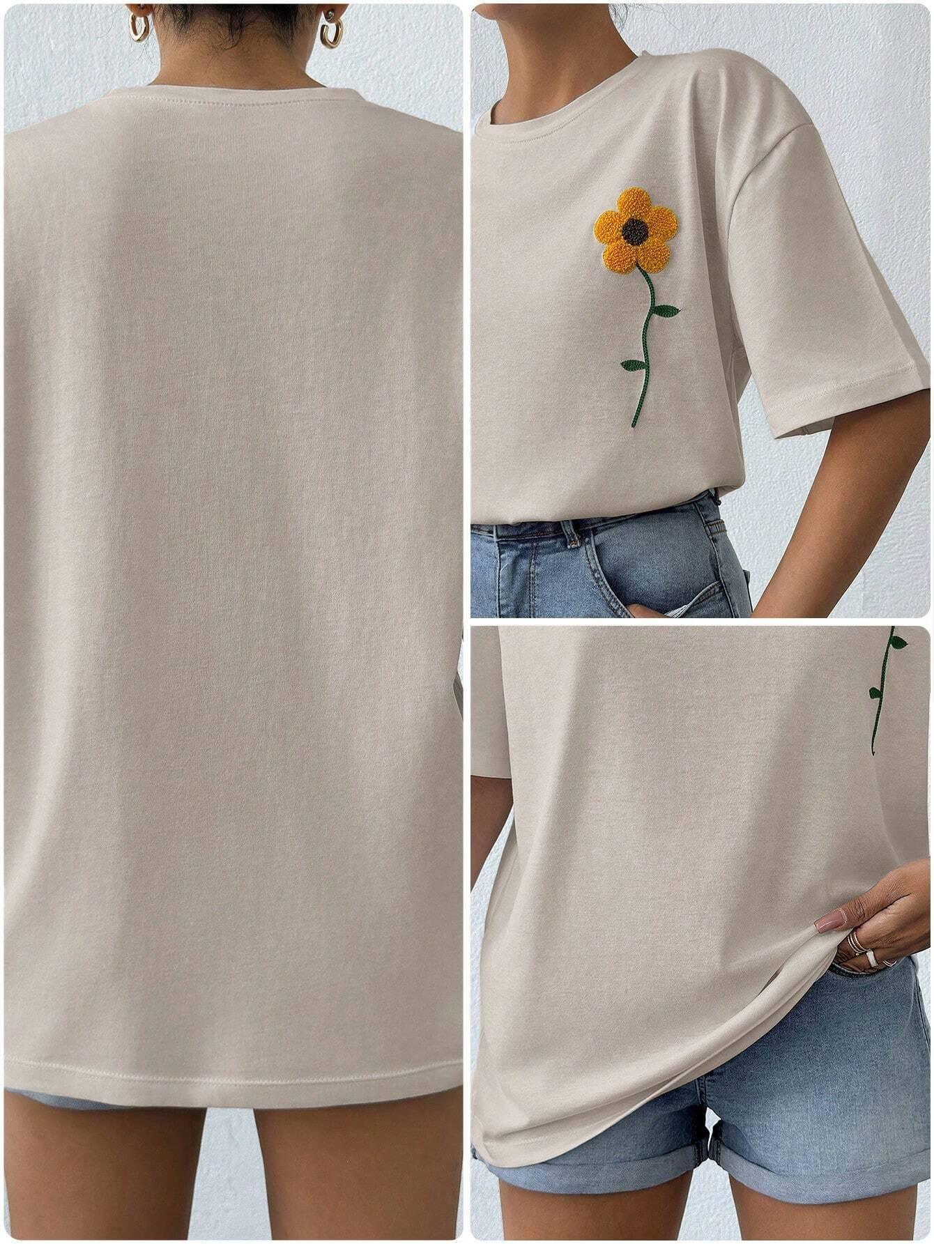 Dam T-shirt med Broderade Blommor i Bomull – Casual Passform och Andningsbart Material 5