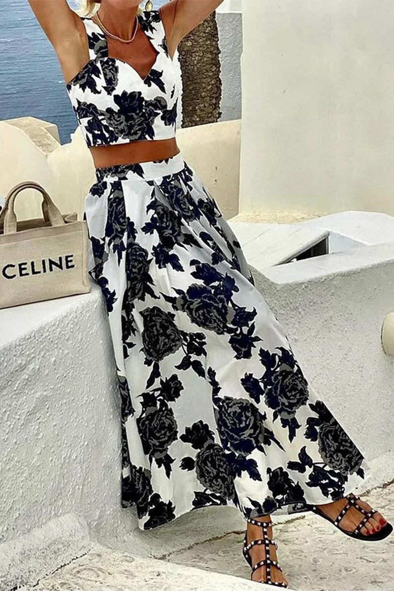 Kvinnors Tvådelad Klänning Blommönster V-ringning Polyester-3