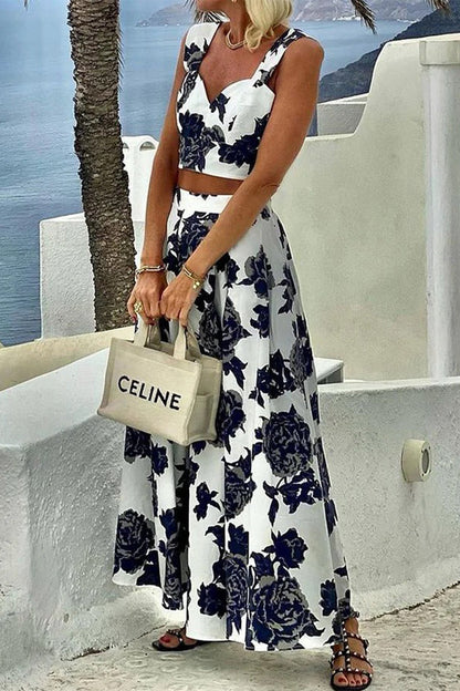 Kvinnors Tvådelad Klänning Blommönster V-ringning Polyester-2