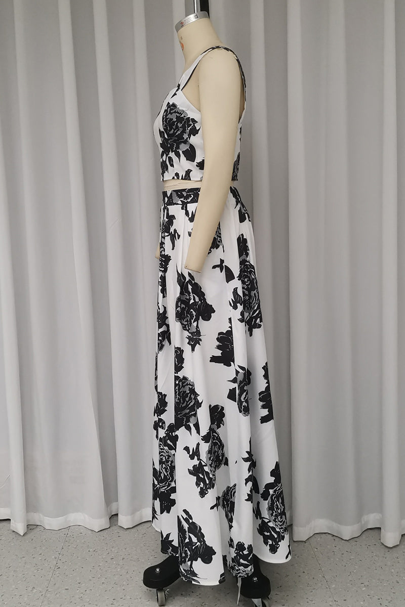 Kvinnors Tvådelad Klänning Blommönster V-ringning Polyester-6