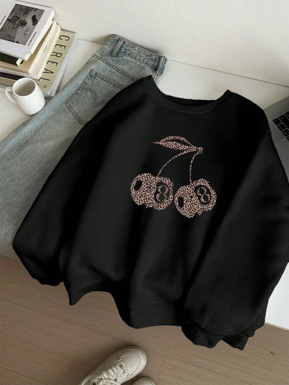 Dam Sweatshirt Oversized Ribbad Leopard- och Körsbärsmotiv-1