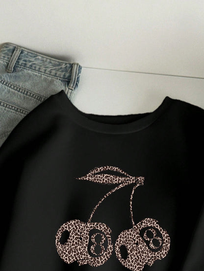 Dam Sweatshirt Oversized Ribbad Leopard- och Körsbärsmotiv-4