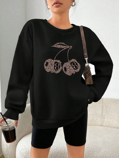 Dam Sweatshirt Oversized Ribbad Leopard- och Körsbärsmotiv-6