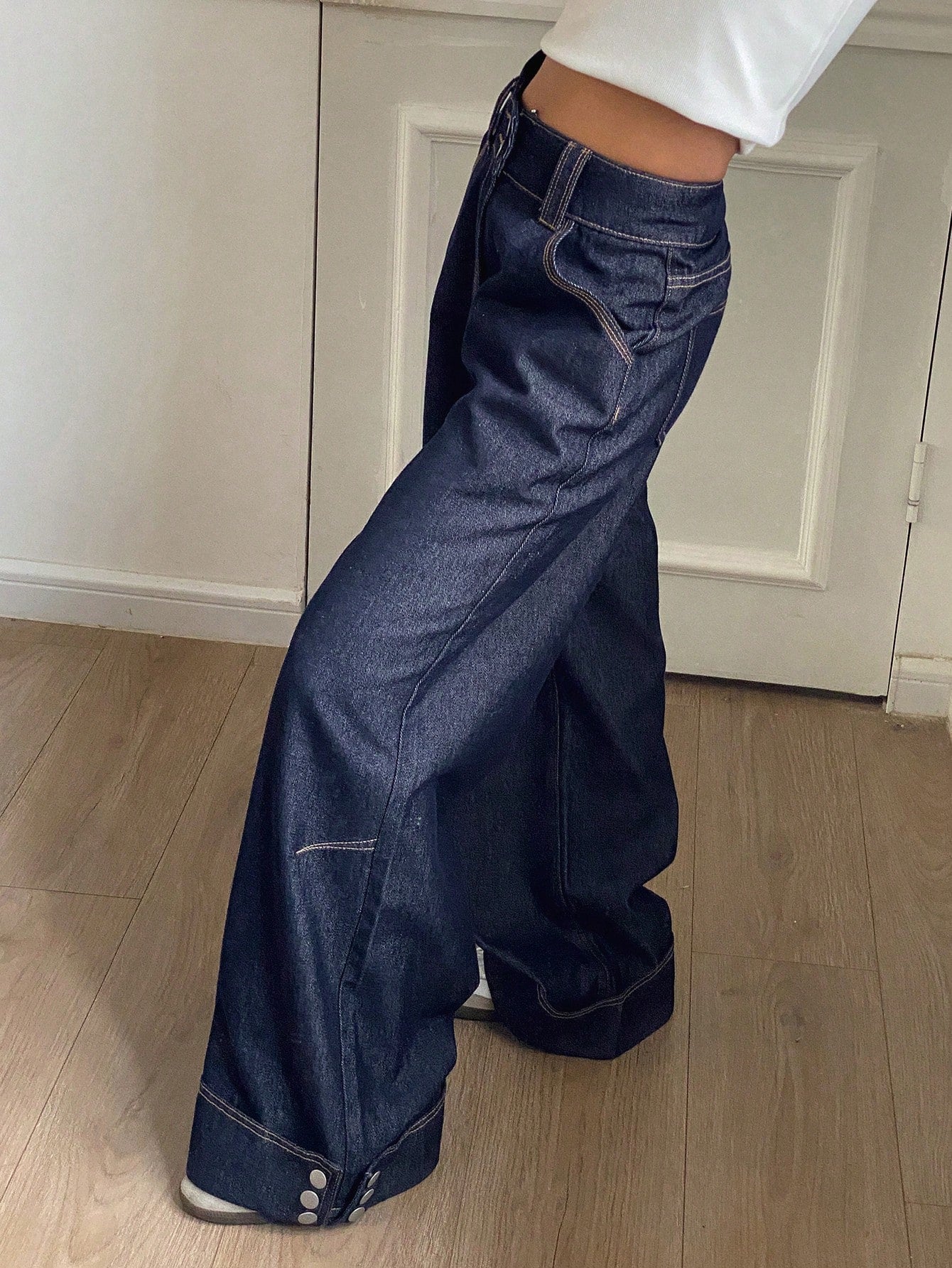 Variant image for Dam Bred Jeans Vintage Hög Midja med Knappmanschetter Denim-1
