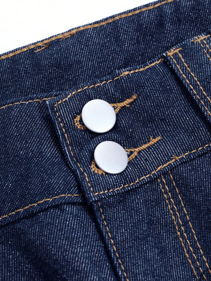 Dam Bred Jeans Vintage Hög Midja med Knappmanschetter Denim-6