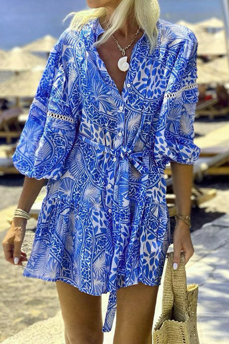 Variant image for Kvinnors Fritidsklänning Blommönster Mandarin Krage 100% Bomull-1