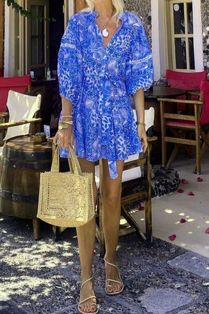 Kvinnors Fritidsklänning Blommönster Mandarin Krage 100% Bomull-3