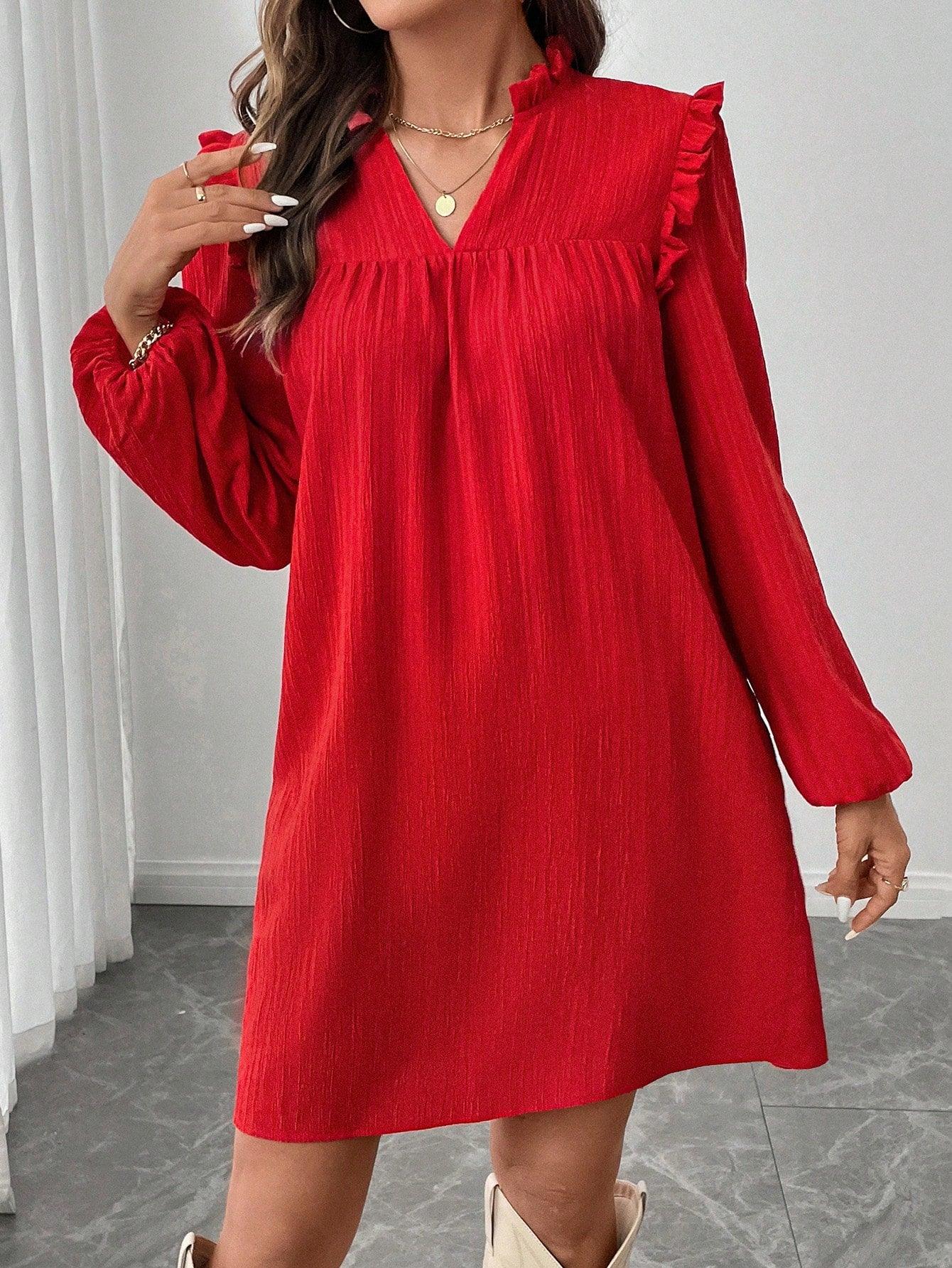 Kvinnors Långärmad Klänning med Ruffles Högkvalitativt Tyg 9