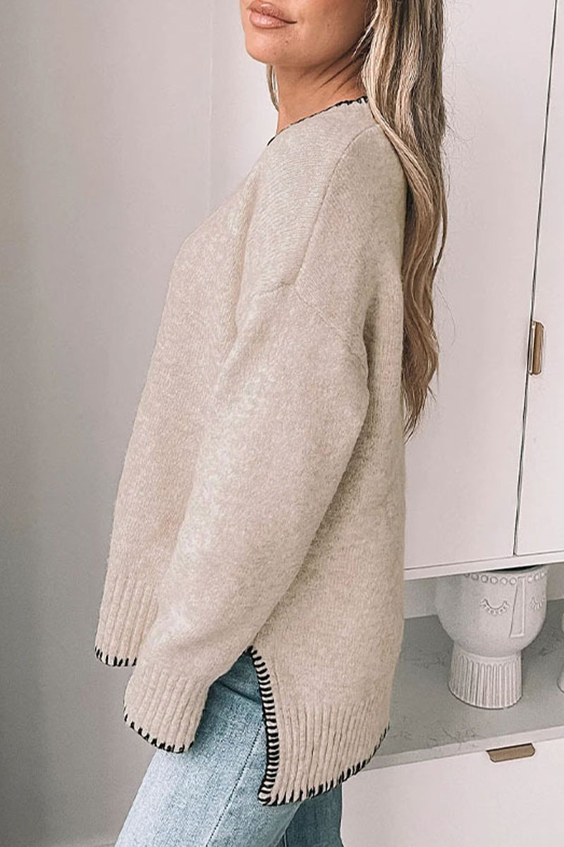 Kvinnors Lapptäcktröja Cirkulär Halsringning Högkvalitativt Stickmaterial-3