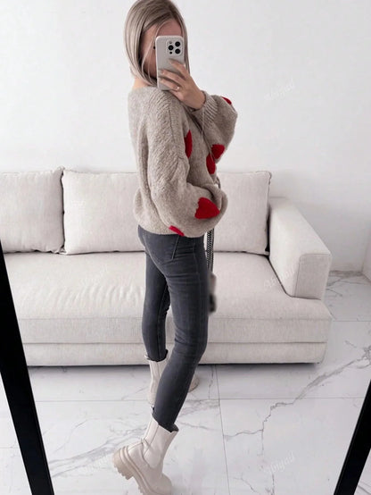 Dam Cardigan Hjärtmönster Mjuk Textil-5