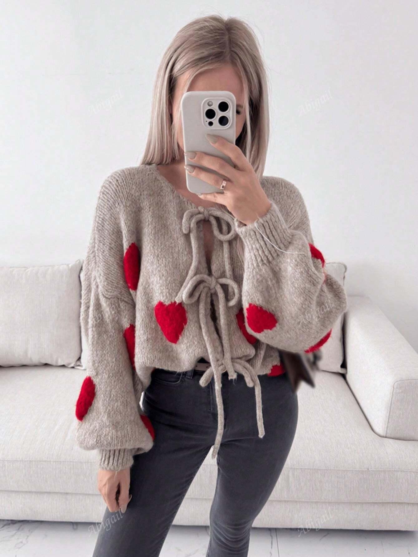 Dam Cardigan Hjärtmönster Mjuk Textil-1