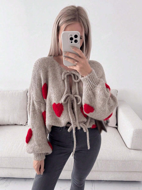 Dam Cardigan Hjärtmönster Mjuk Textil-1