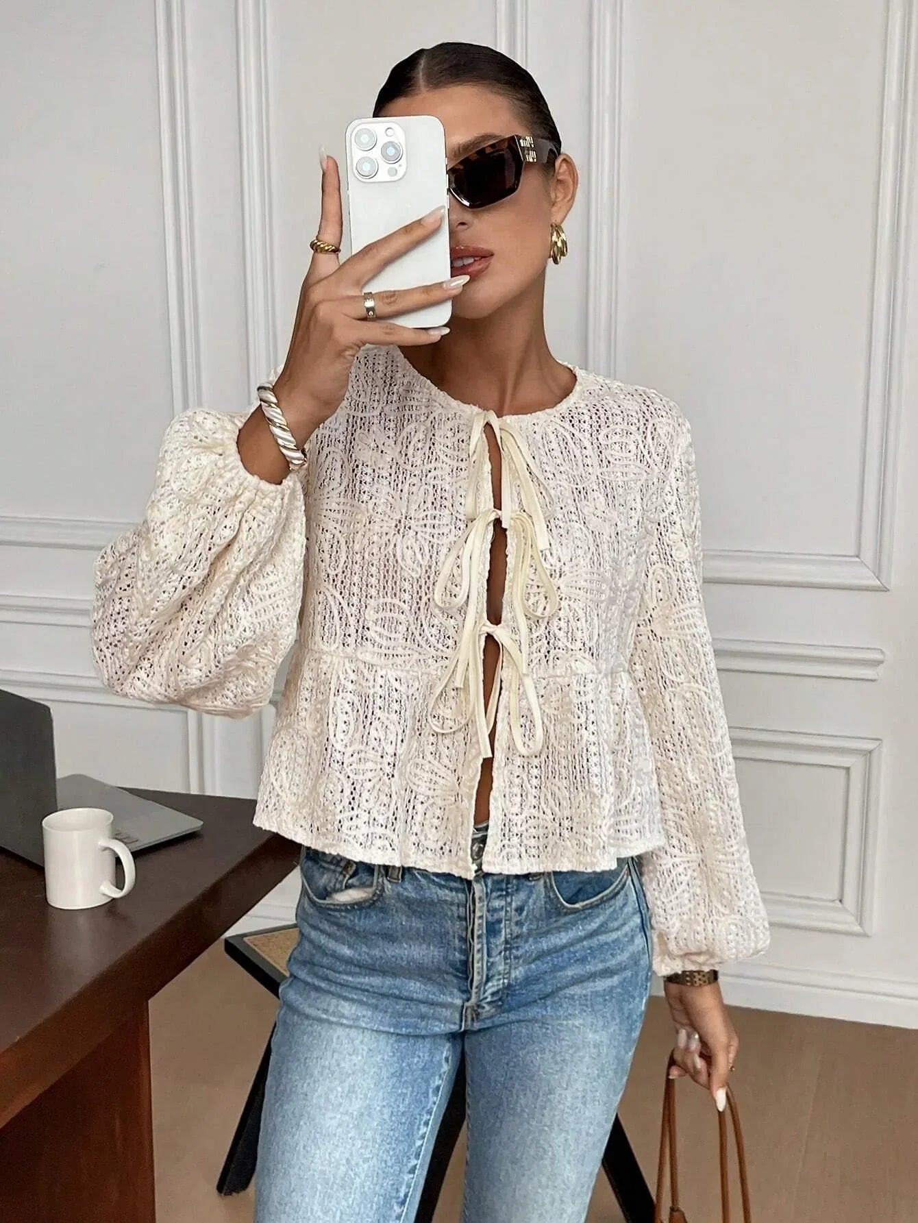 Variant image for Kvinnors Virkblus Snörning 100% Bomull-6