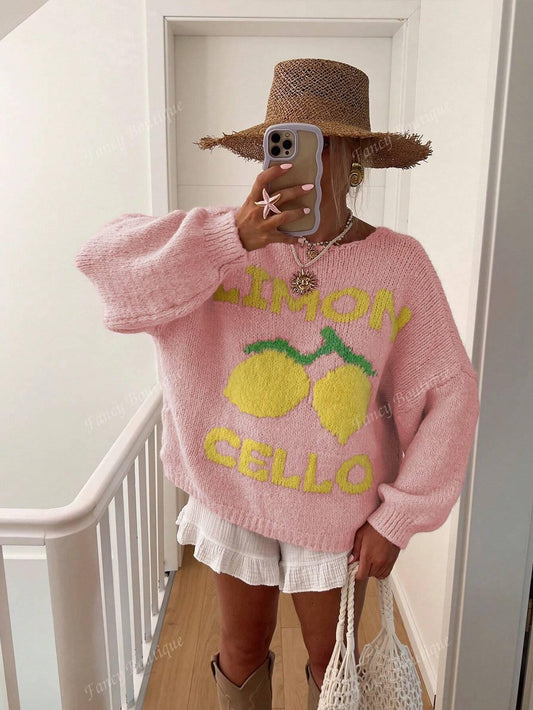 Stickad Dam Tröja med Citronmotiv i Mjukt Tyg-1