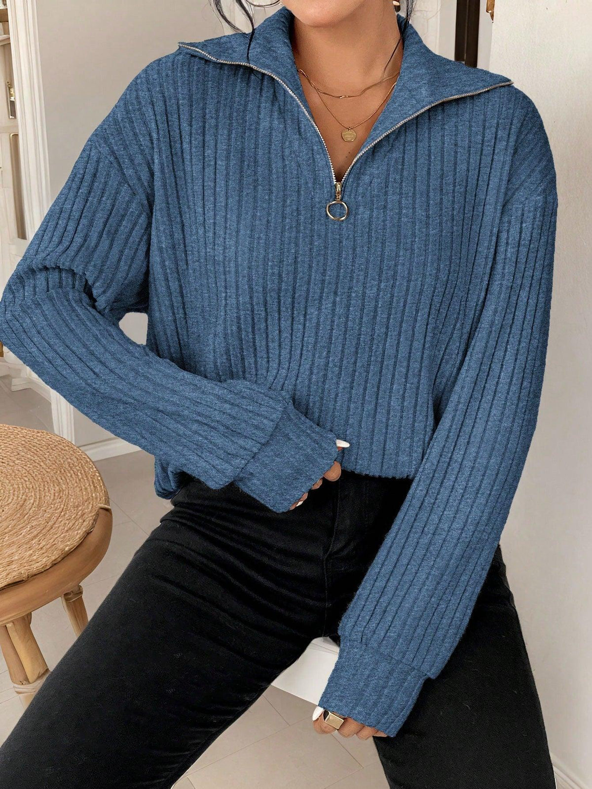 Variant image for Damen-gerippter Pullover, Viertelzip, weicher Stoff-12