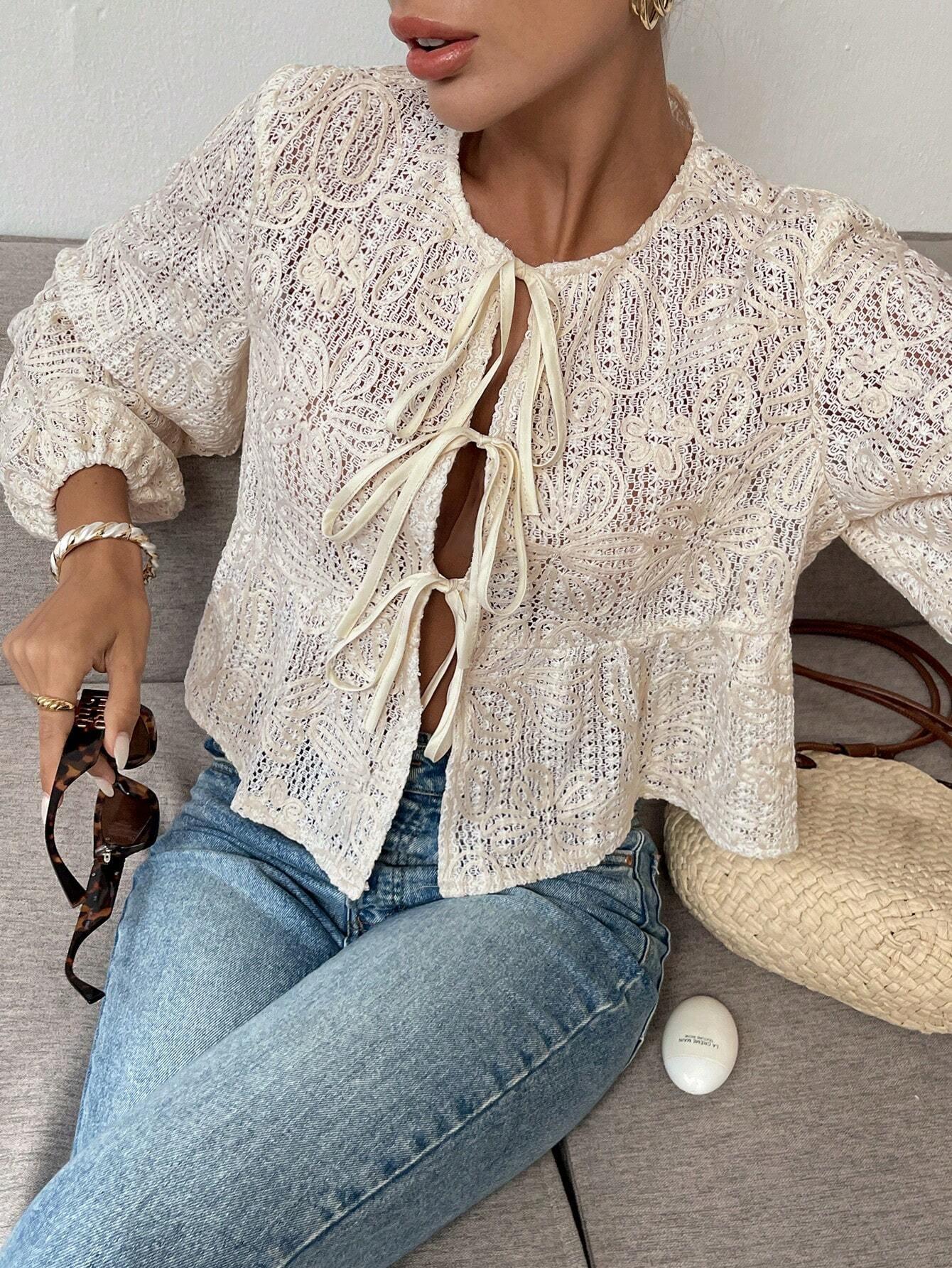 Kvinnors Virkblus Snörning 100% Bomull-5