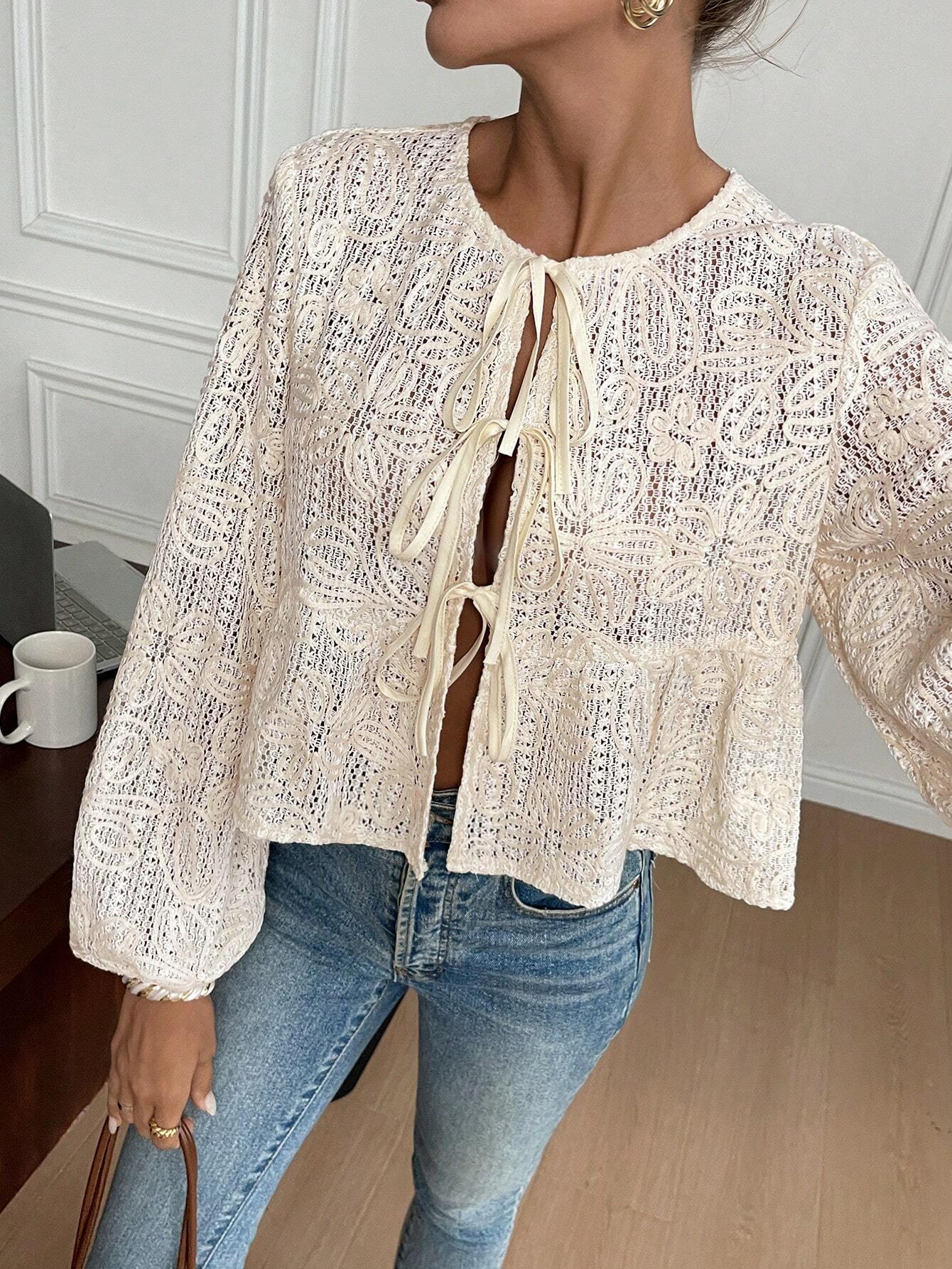 Kvinnors Virkblus Snörning 100% Bomull-6