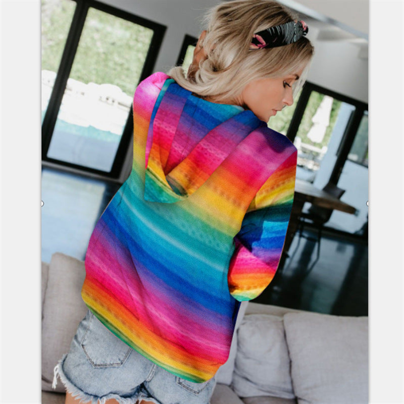 Damen-Mantel, mit Kapuze, lässige Baumwollmischung, Regenbogen-Design-2