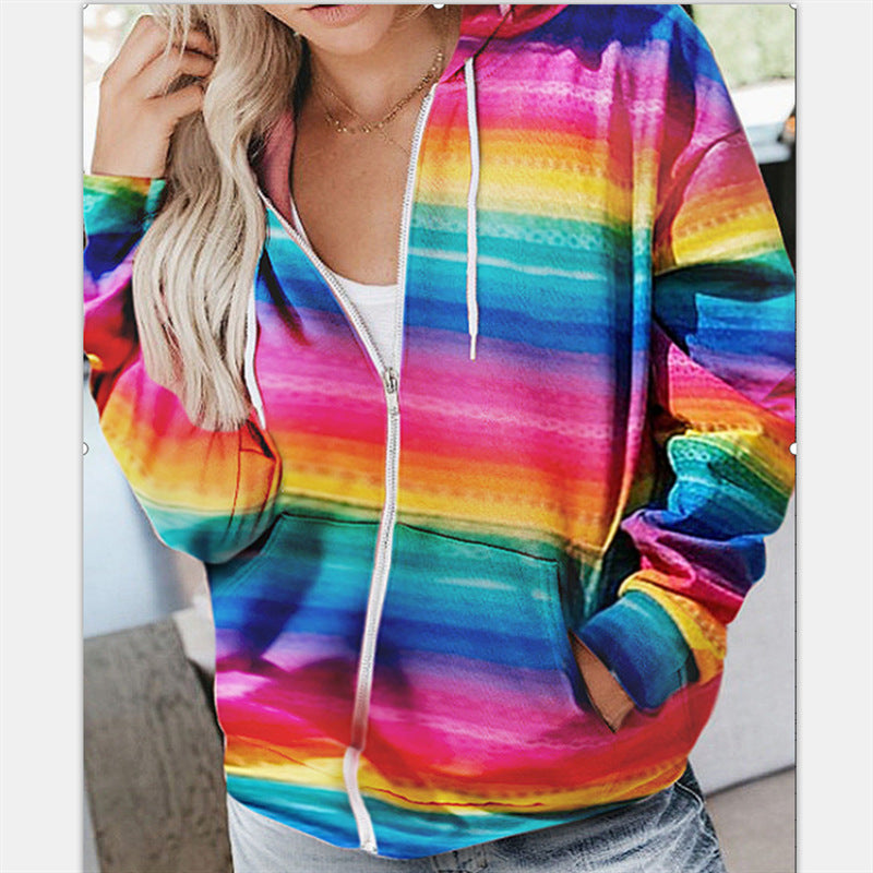 Damen-Mantel, mit Kapuze, lässige Baumwollmischung, Regenbogen-Design-3