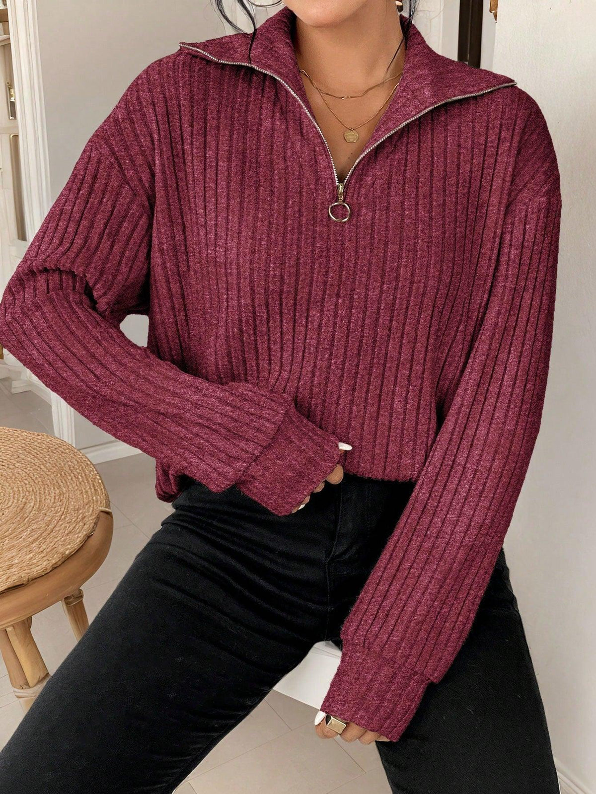 Damen-gerippter Pullover, Viertelzip, weicher Stoff-1