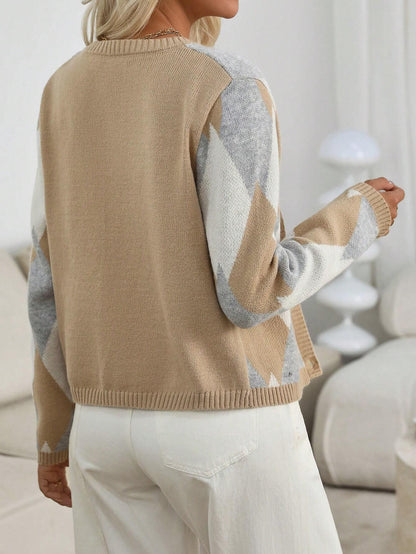 Dunväst Dam Diamond Mönster Stickad Design för Lager-På-Lager Styling-2