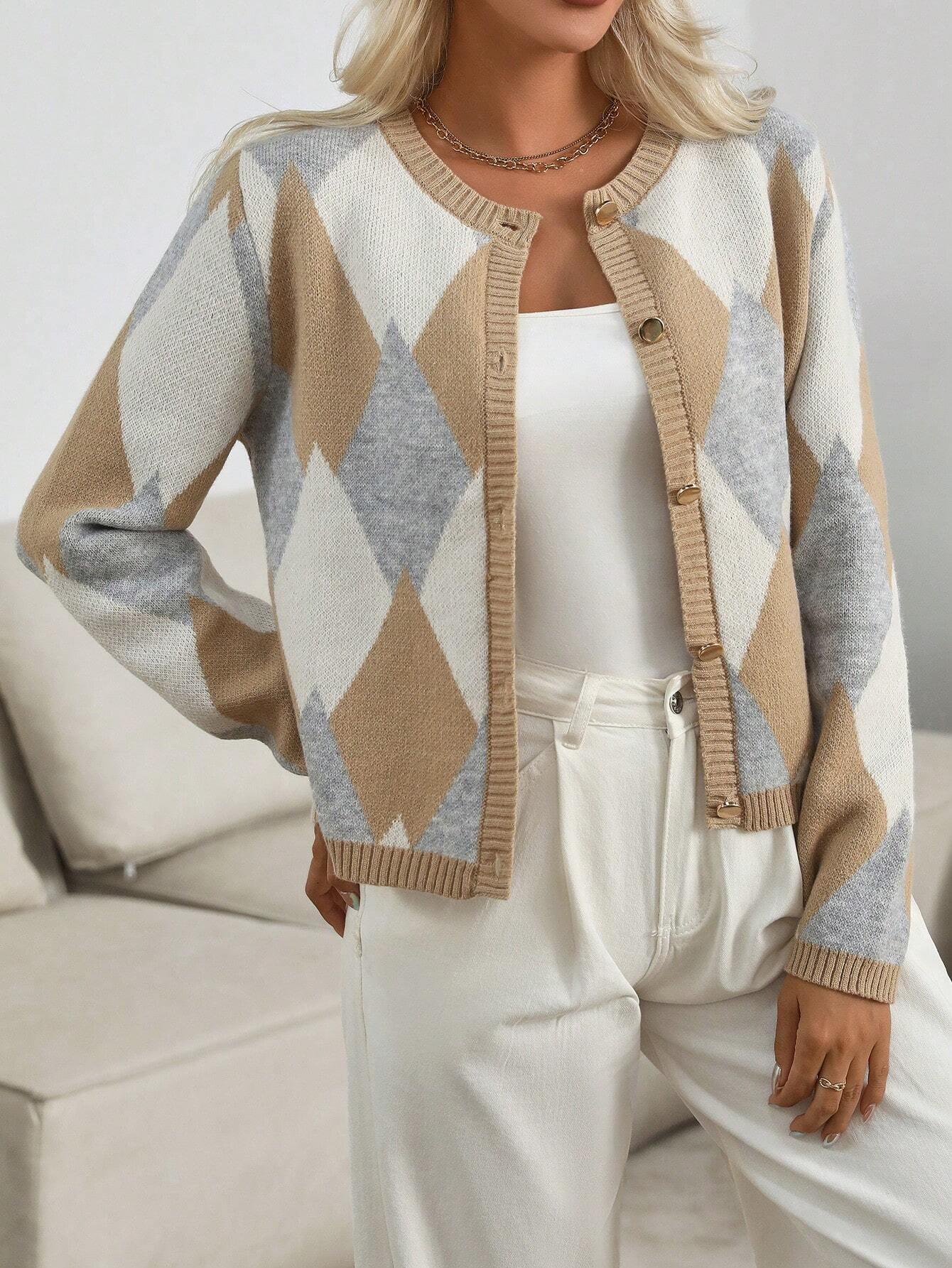 Dunväst Dam Diamond Mönster Stickad Design för Lager-På-Lager Styling-4