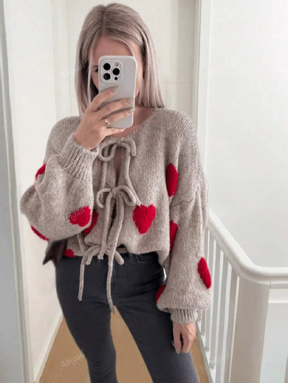 Dam Cardigan Hjärtmönster Mjuk Textil-2